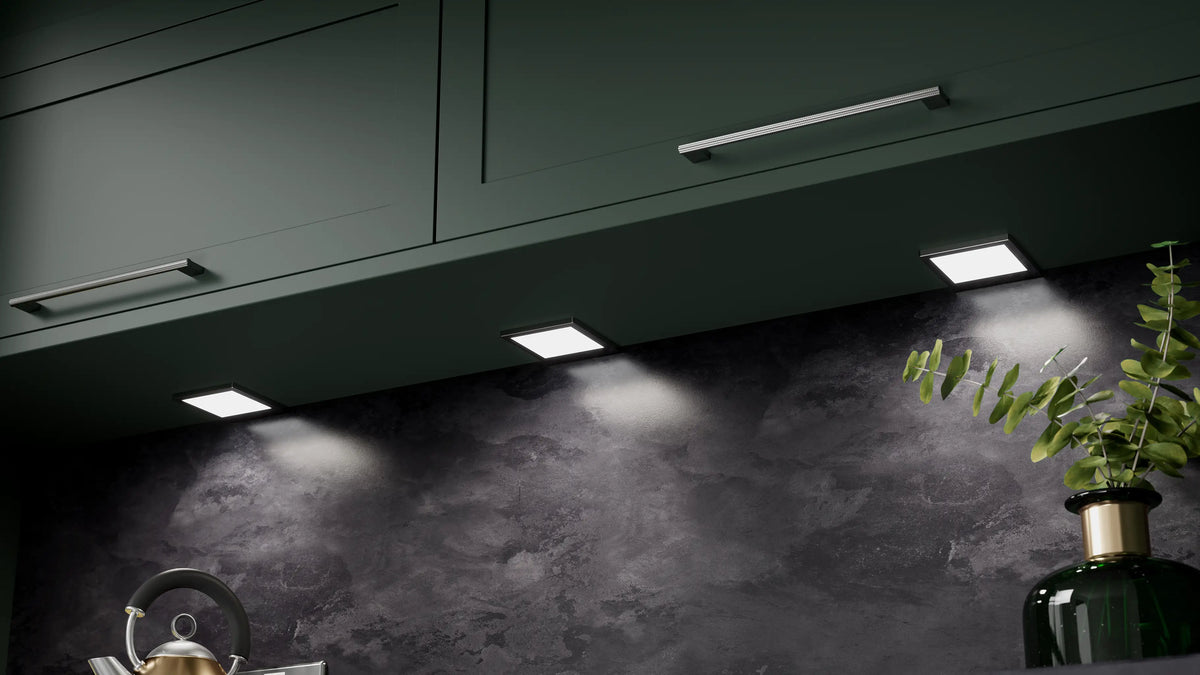 LED under cabinet lighting over a kitchen worktop