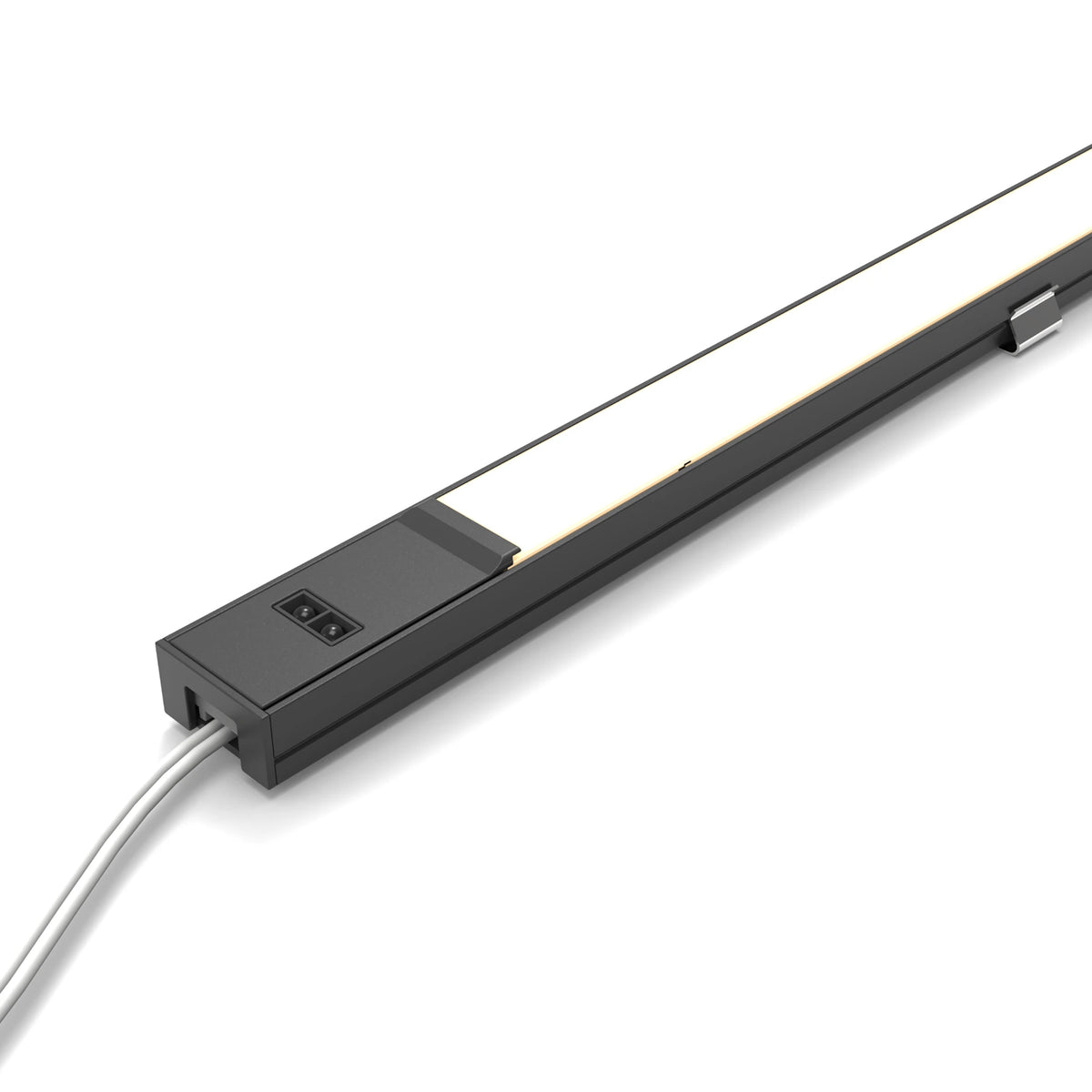 A slim rectangular LED light bar in matte black, shown at an angle on a white background. The light bar has a power switch with a white cord coming out of it. #Finish_Black