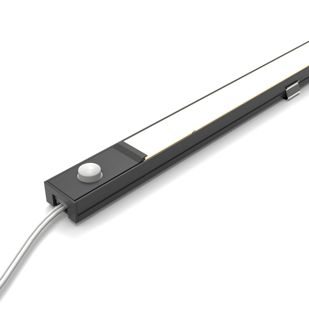 A close-up of a modern linear LED light bar with a black housing, a white circular button, and a white power cable, shown on a clean white background. #Finish_Black