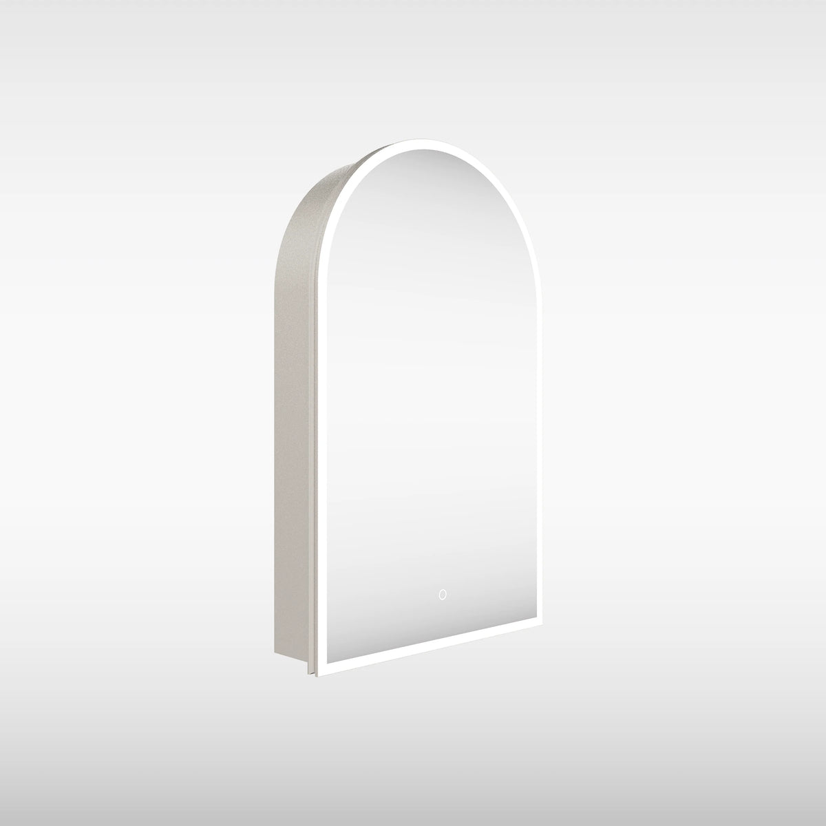 An arched wall mirror with a slim white frame and integrated LED lighting, shown at a three-quarter angle against a light gray gradient background.