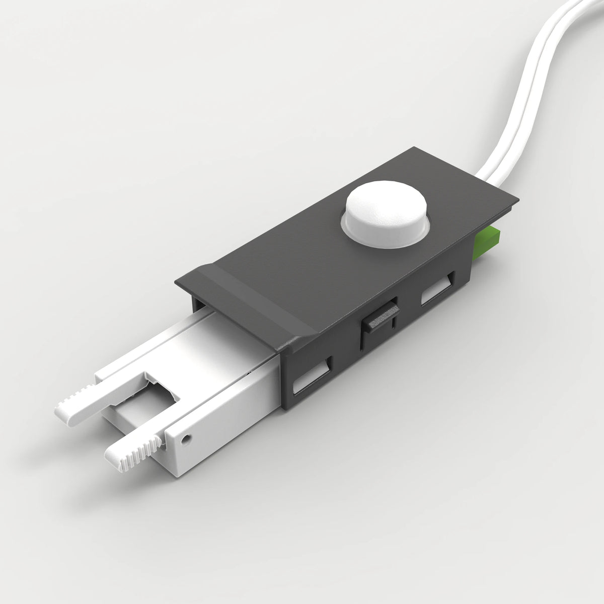 A 3D-rendered electronic component or connector with a dark gray rectangular housing, a white circular button on top, white internal rails, and a white cable extending from the upper right, shown on a light gray background. #Finish_Black