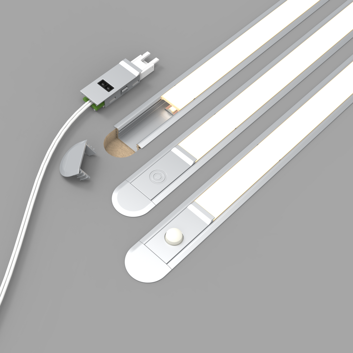 A clean studio render of a linear LED light strip kit with its control module, clip, and connector shown on a neutral gray background. #Finish_Aluminium