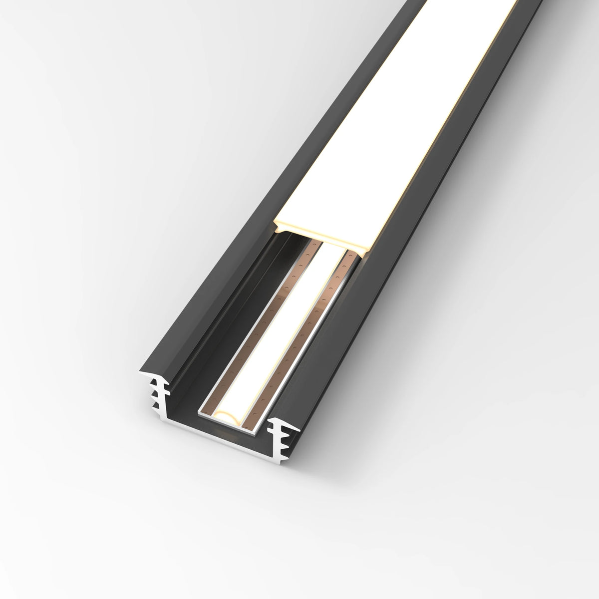 A close-up of a linear LED light fixture showing its black aluminum profile, white diffuser, and internal warm light source on a clean light gray background. #Finish_Black