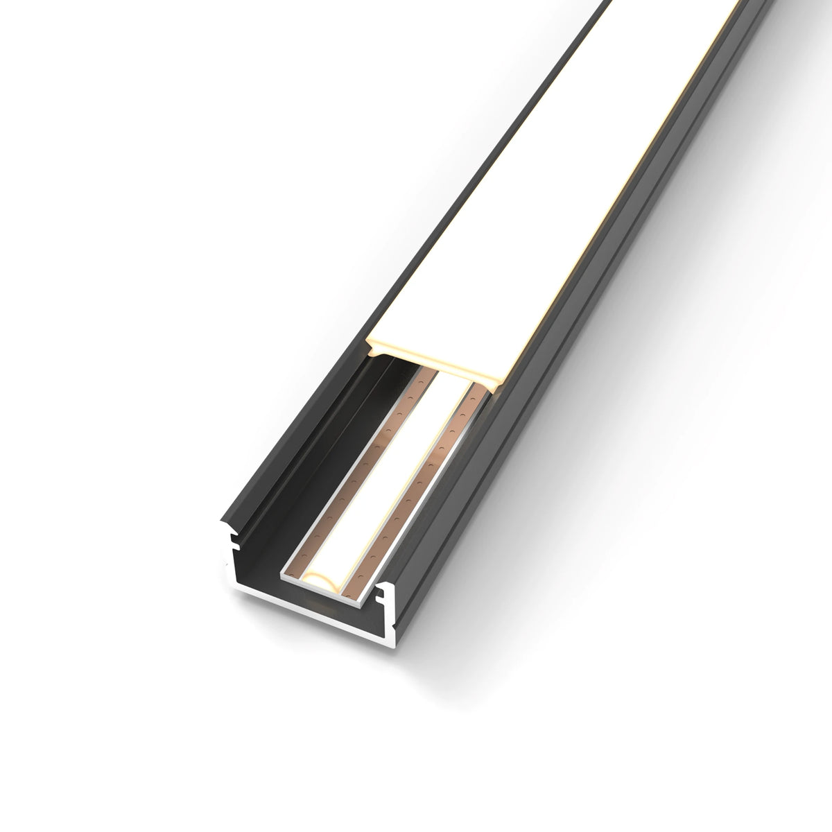 A close-up of a linear LED light strip profile, showing the black outer frame, white inner panel, and internal warm light source, set against a clean white background. #Finish_Black